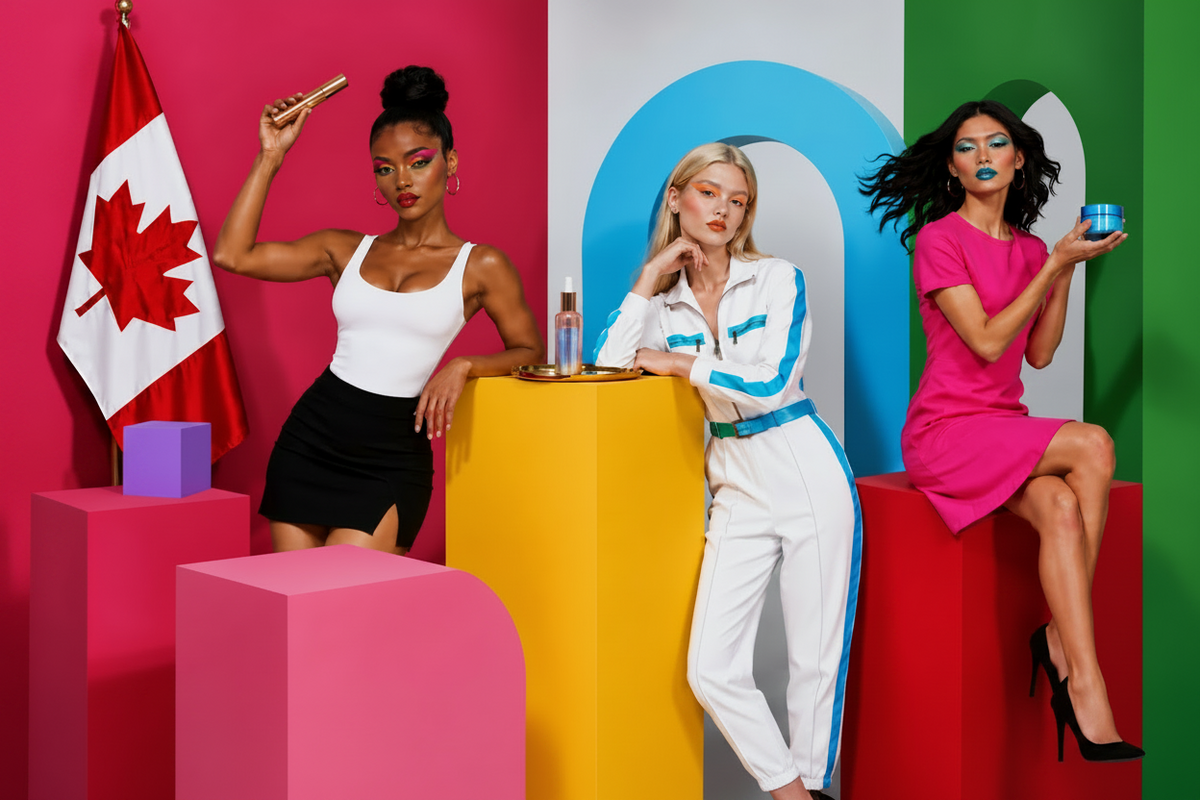 they shows cosmetics from lhcosmetics.ca which is best, safe , fast shipper cosmetic online store .Three models pose in front of a colorful geometric backdrop resembling the Canadian flag, wearing vibrant pink, white, and black outfits. One model holds a gold stick, another leans on a yellow pedestal with a small bottle, and the third model in a pink dress holds a blue jar.